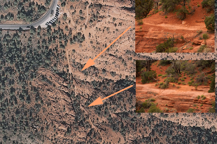 Two steep and slanted portions of the trail at the beginning of Airport Loop Trail